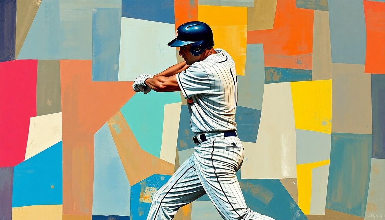A fragmented, geometric painting depicting the overlapping planes and angles of a baseball player's batting stance and swing, conveying the mechanical issues underlying Semien's early-season slump.