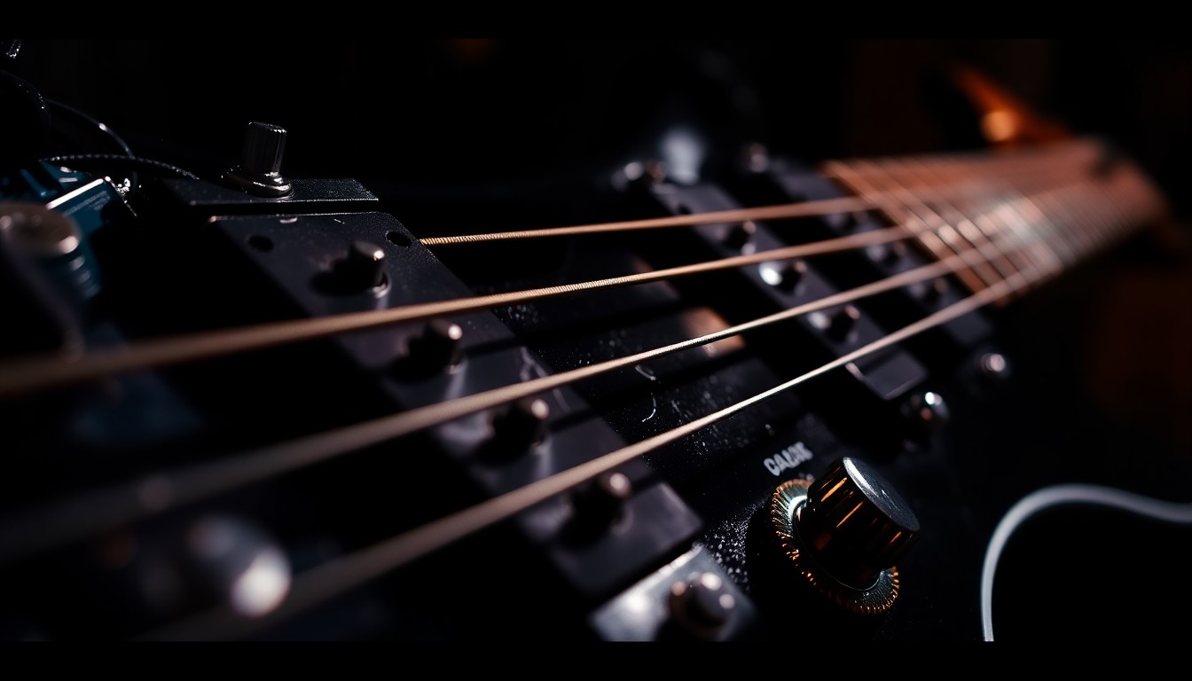 An abstract close-up photograph of electric guitar strings and hardware, capturing the high-contrast textures and dramatic lighting of a rock and roll performance.