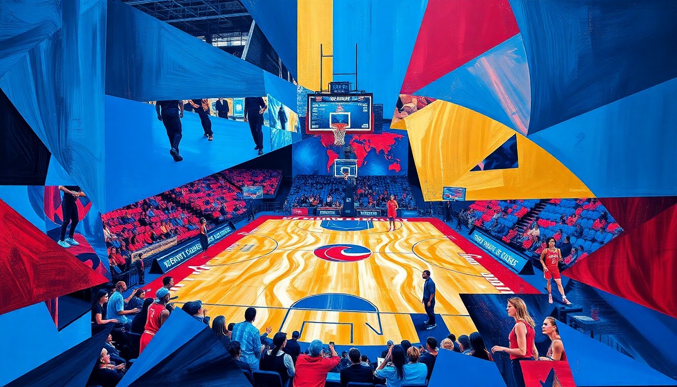 A fractured, cubist-style painting depicting the dynamic movement and energy of a WNBA basketball game, with sharp geometric shapes in shades of blue, red, and gold overlapping to create a sense of depth and motion.