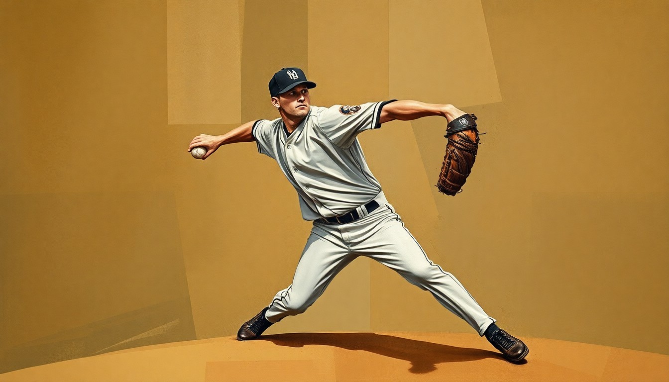 A cubist-style painting depicting a baseball pitcher's throwing motion broken down into sharp, overlapping geometric shapes in muted earth tones, conceptually representing the difficult decision facing the Pittsburgh Pirates organization.
