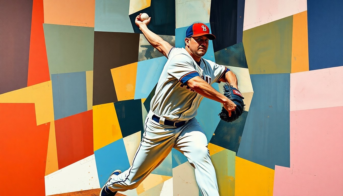 A cubist, geometric painting depicting a pitcher's motion broken down into overlapping planes of color, capturing the raw energy and movement of a baseball game.