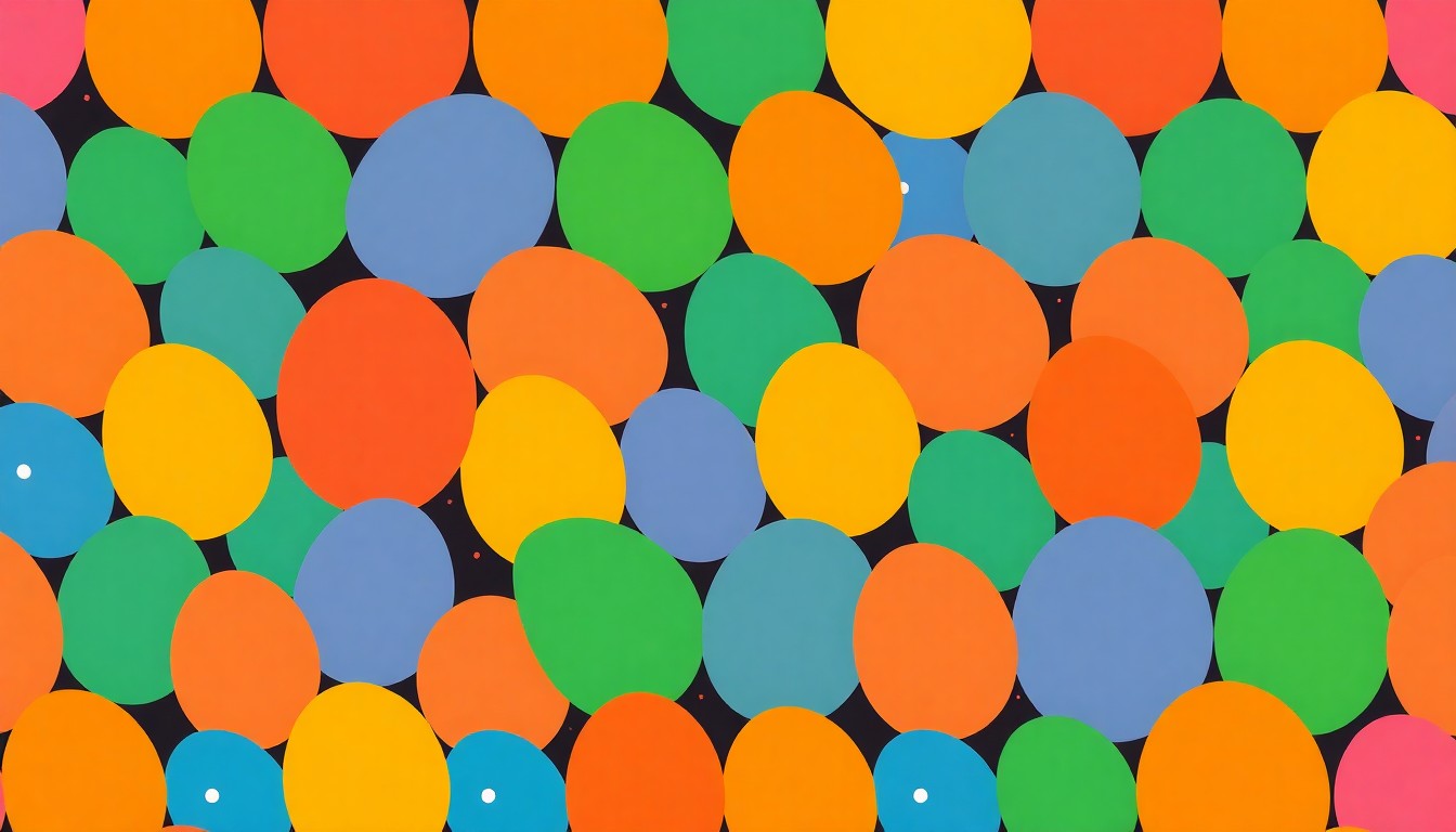 A bold, colorful silkscreen-style illustration featuring a repeating pattern of a single, iconic Easter egg in a variety of bright, neon colors, conceptually representing the energy and festive spirit of the community event.