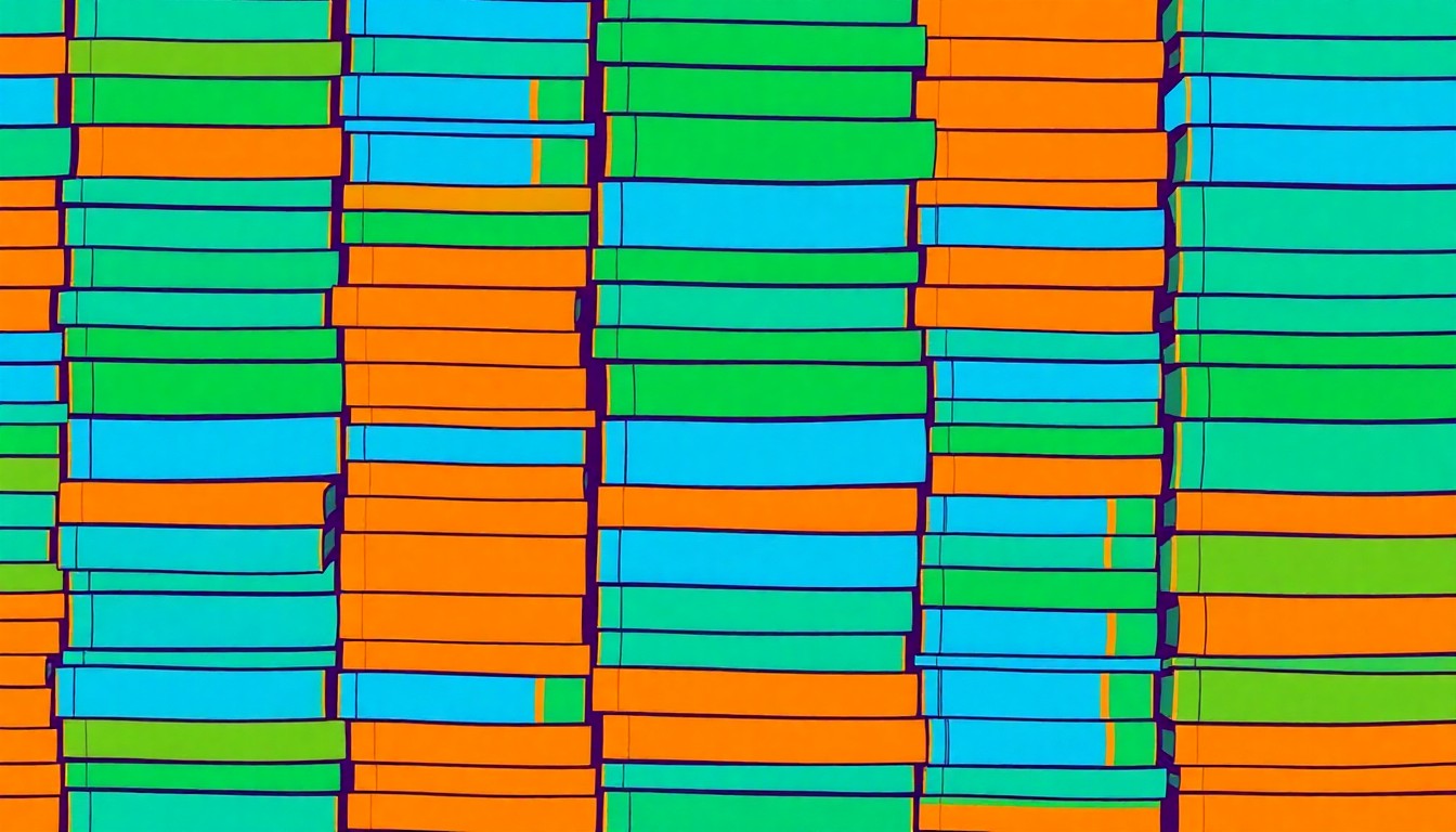 A vibrant, abstract grid of stylized book shapes in bright, overlapping colors, conceptually representing the role of the library board in managing the local library.