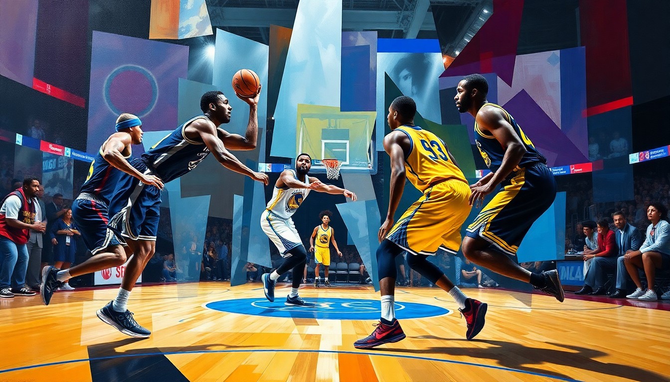 A fragmented, cubist-style painting depicting the confrontation between basketball players, with sharp geometric shapes and planes representing the physical and emotional chaos of the moment.