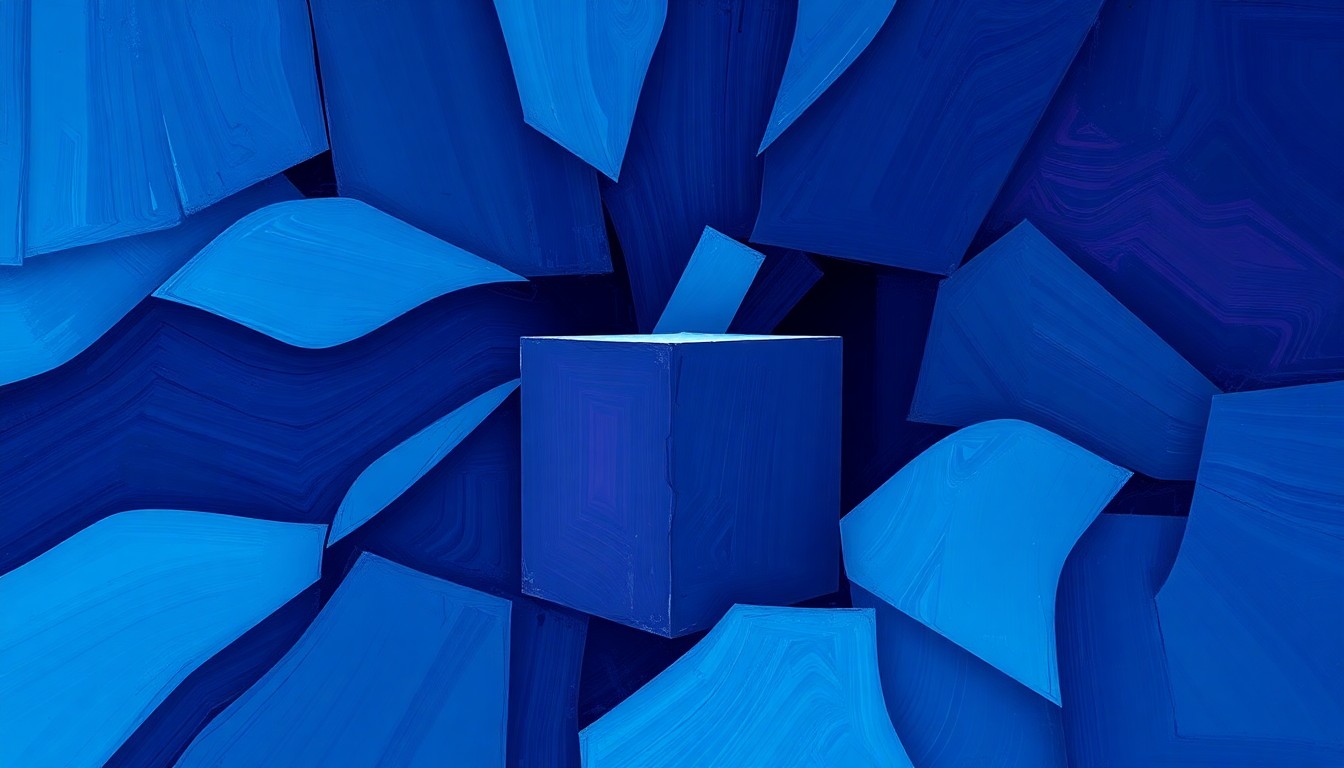 A highly stylized, abstract painting featuring a fractured, geometric depiction of a ballot box or voting booth in shades of blue, conveying the chaotic tension between state and federal control over elections.