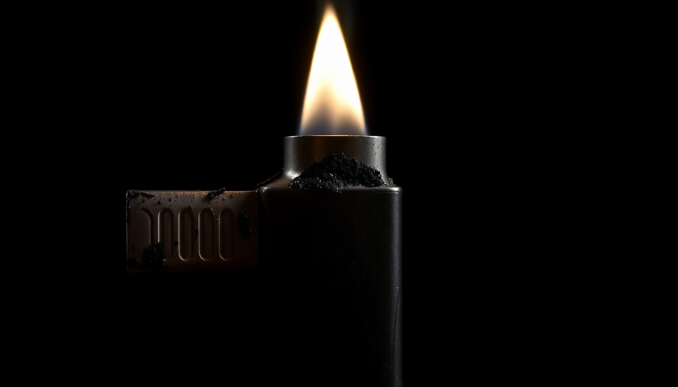 An extreme close-up photograph of a charred, soot-covered cigarette lighter against a pitch-black background, creating a stark, gritty, investigative aesthetic.