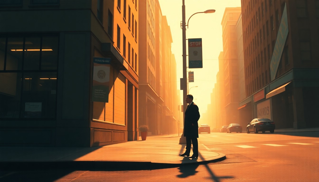 A photorealistic painting of a lone figure standing on a city street corner, the warm sunlight casting long shadows across the pavement and buildings in the background, conveying a sense of solitude and contemplation.