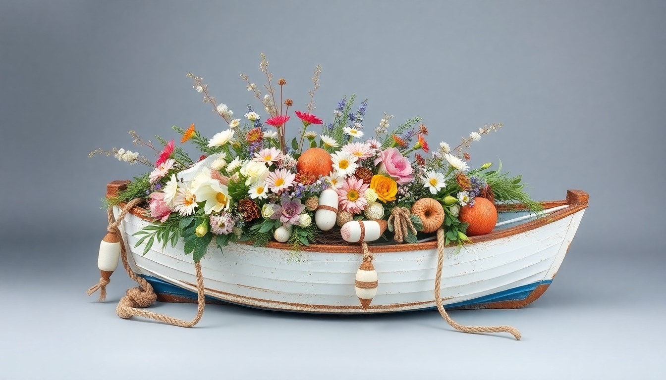 A photorealistic studio still-life photograph featuring a repurposed fishing boat adorned with an assortment of fresh flowers, foliage, and marine-inspired elements like rope and buoys, all arranged elegantly on a clean, monochromatic background to conceptually represent the coastal-inspired floral art created by Bloomin Crazy Floral.