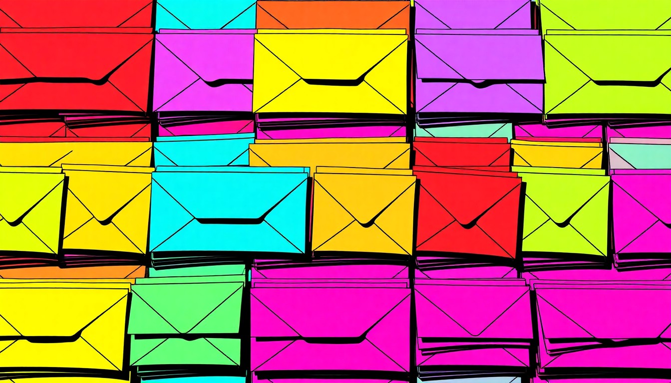 A vibrant, abstract grid of brightly colored donation envelopes, conceptually representing the United Way's efforts to drive community-wide change through charitable giving.
