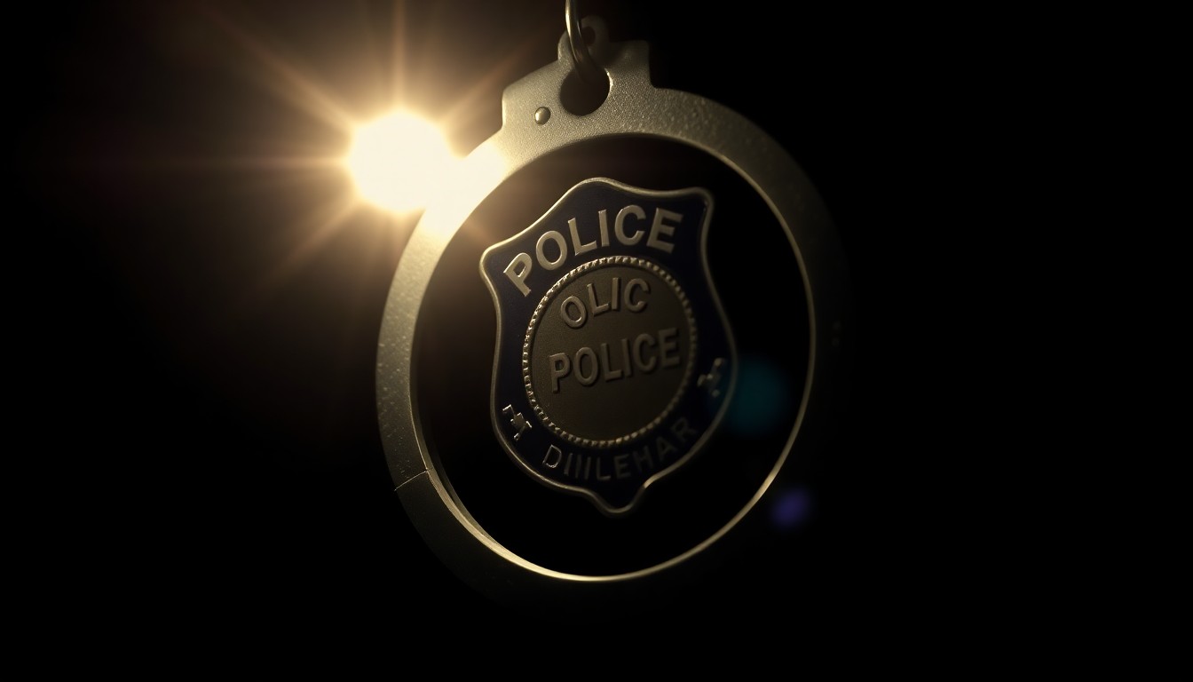 An extreme close-up photograph of a police badge or handcuffs, the metallic surfaces reflecting the harsh, direct light of the camera flash, creating a stark, gritty, and investigative aesthetic.
