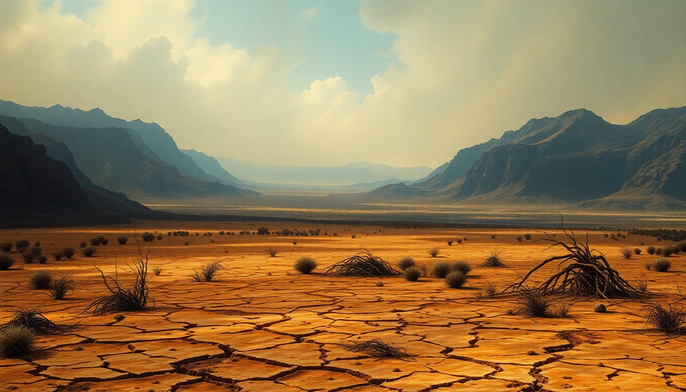 A vast, atmospheric landscape painting in muted earth tones, with a cracked, dry riverbed and withered vegetation dwarfed by an expansive, hazy sky, conveying the sublime power of the region's severe drought conditions.