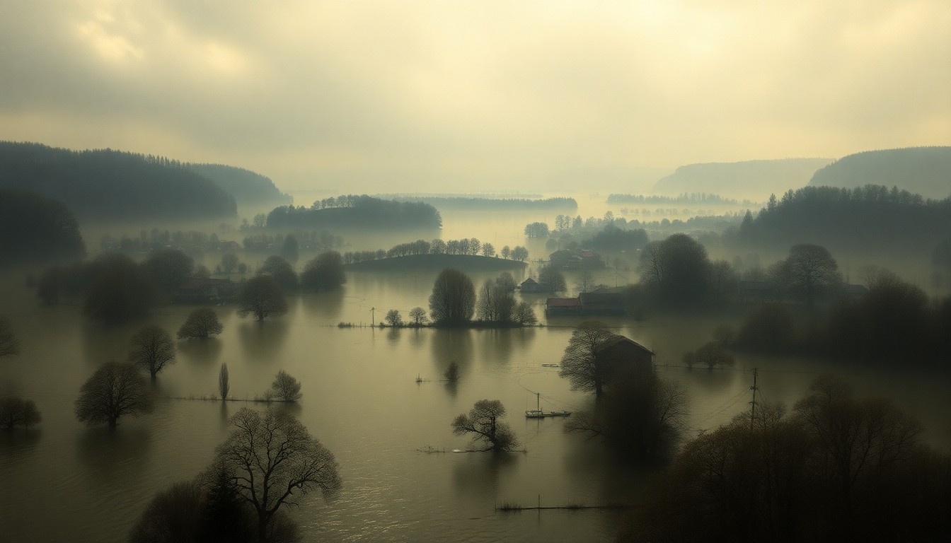 A sweeping, atmospheric landscape painting depicting a rural town partially submerged in floodwaters, with only the tops of buildings and trees visible above the murky surface. The scene is bathed in an eerie, diffused light, conveying the overwhelming, sublime scale of the natural disaster.
