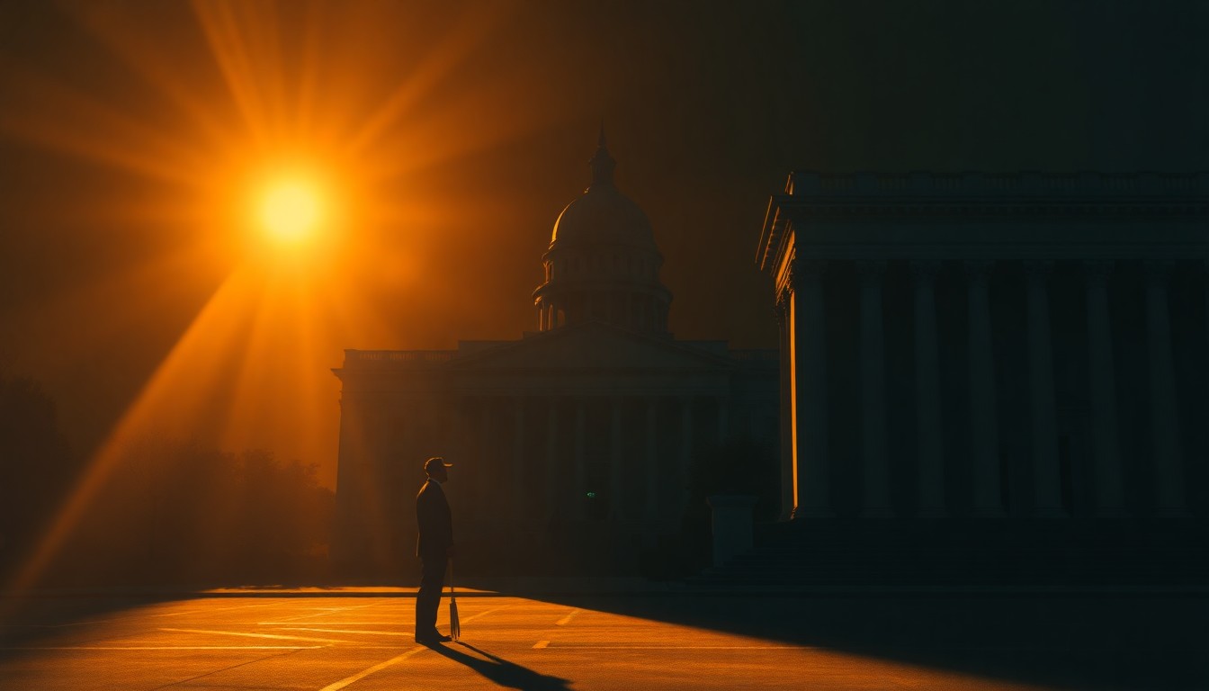 A serene, cinematic painting depicting a solitary government building or political figure in a warm, golden light, conveying a sense of contemplation and the weight of political decisions.