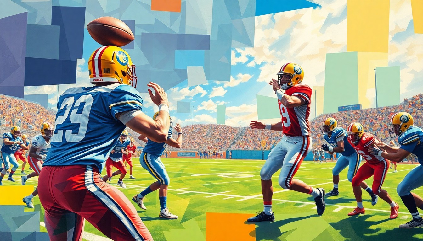 A fragmented, geometric painting depicting the dynamic movements of a high school quarterback in the midst of an intense play, with sharp planes of color and form capturing the raw energy of the game.