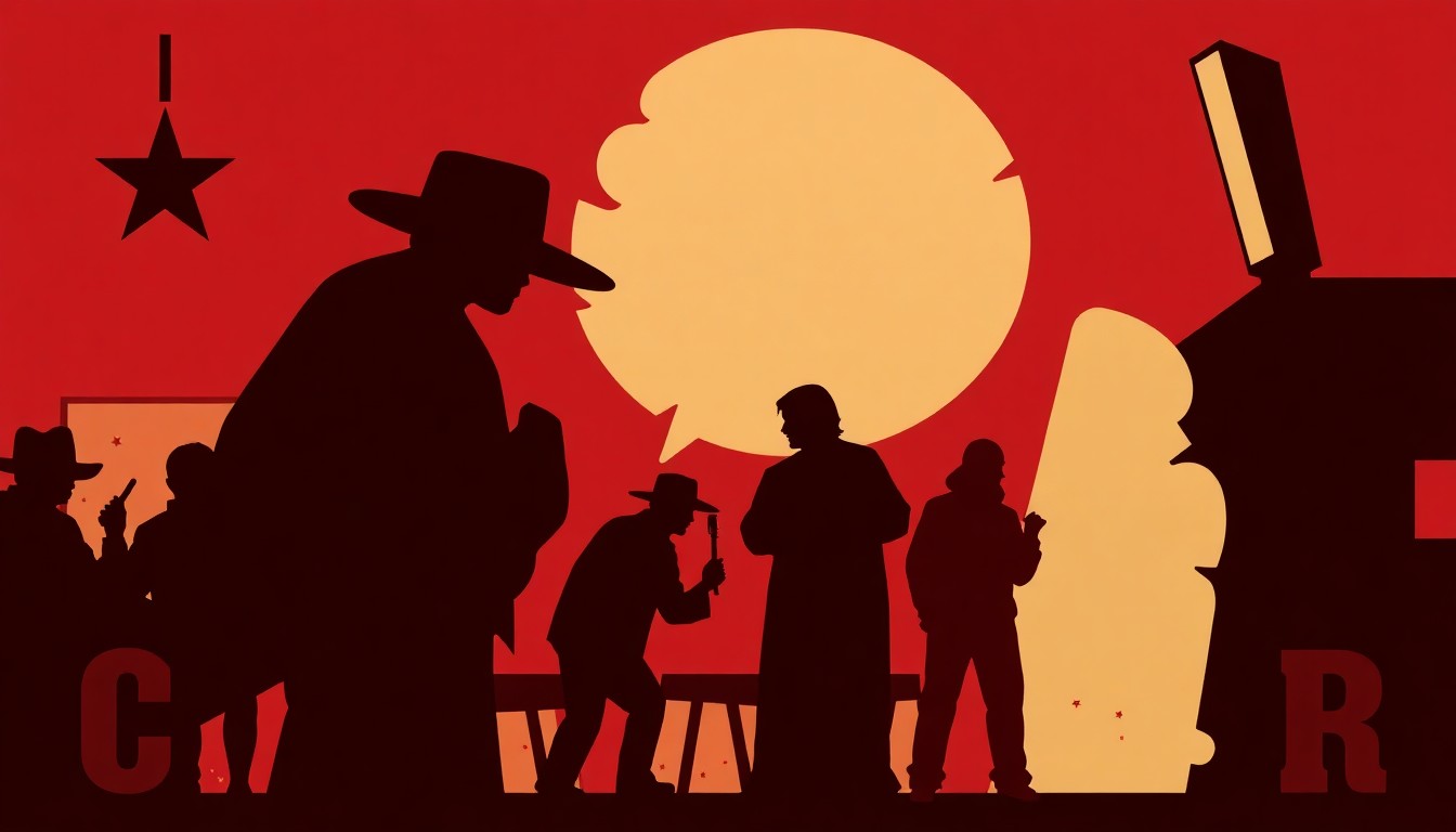 An abstract, minimalist illustration composed of striking black silhouettes against a warm, earthy color palette, conceptually representing the vintage country music aesthetic of the new Broken Bow bar.