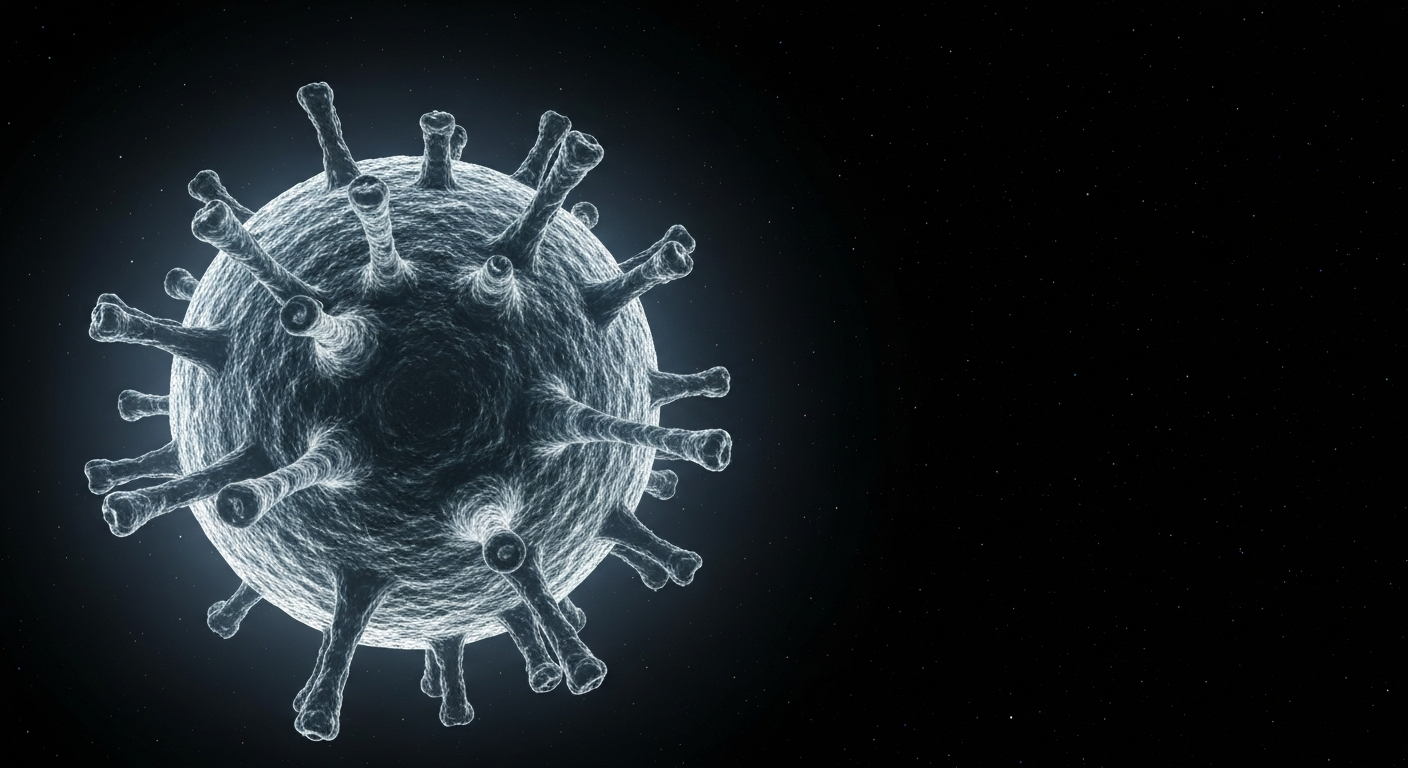 A ghostly, translucent X-ray image showing the detailed internal structures of a measles virus particle, with its intricate components glowing against a dark background.
