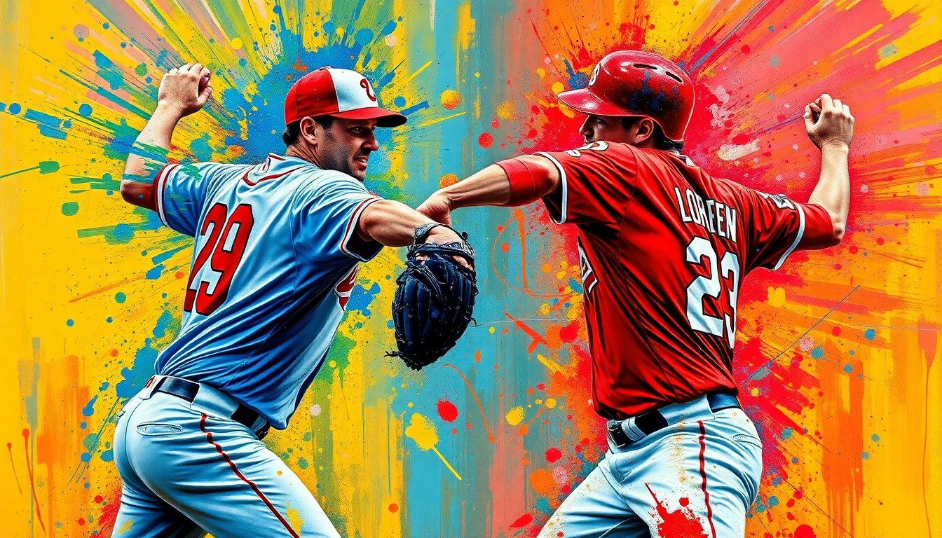 An abstract, expressionist painting depicting the intense pitching motion and competitive energy of two baseball players facing off on the mound, with their forms dissolving into vibrant brushstrokes of neon colors.