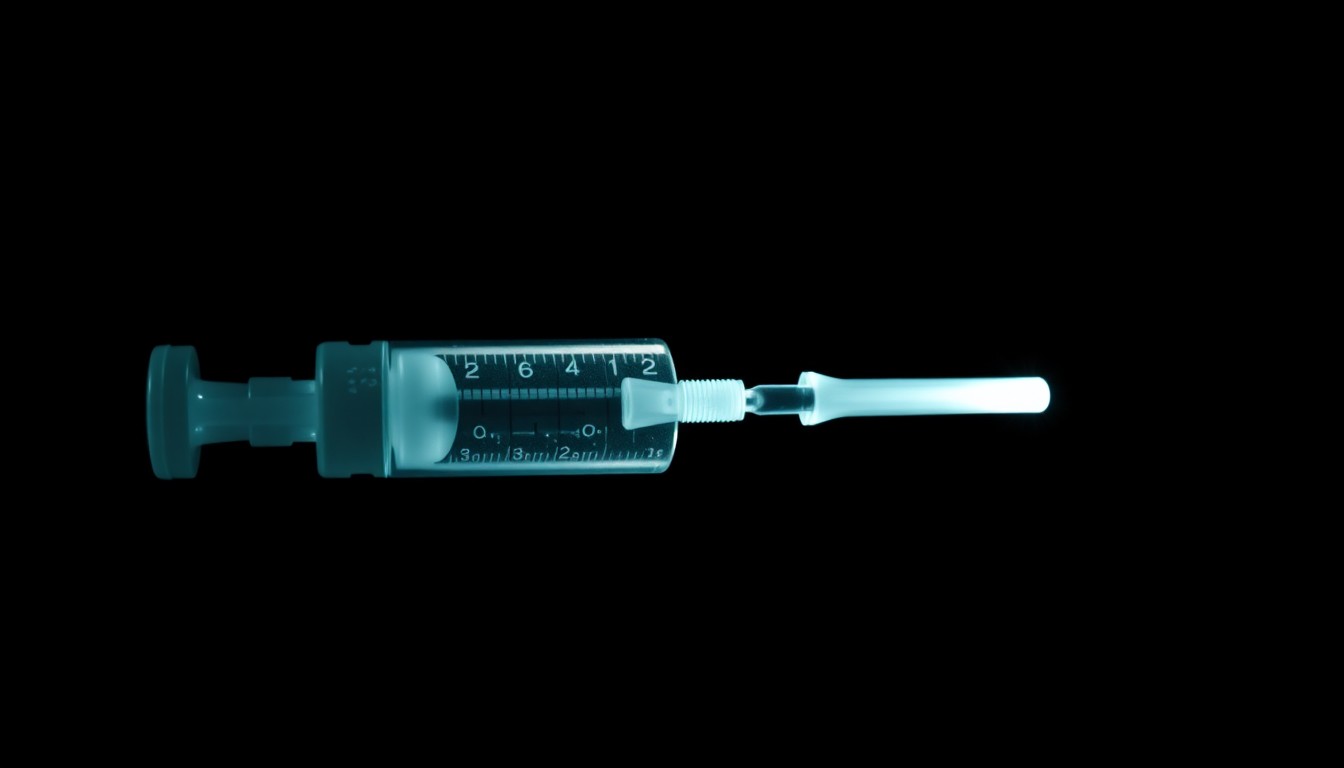 An extreme close-up photograph of a medical device or piece of medical equipment, such as a syringe or surgical instrument, lit by a harsh, direct camera flash against a pitch-black background, creating a stark, gritty, investigative aesthetic that conceptually illustrates the allegations of fraudulent medical billing practices.