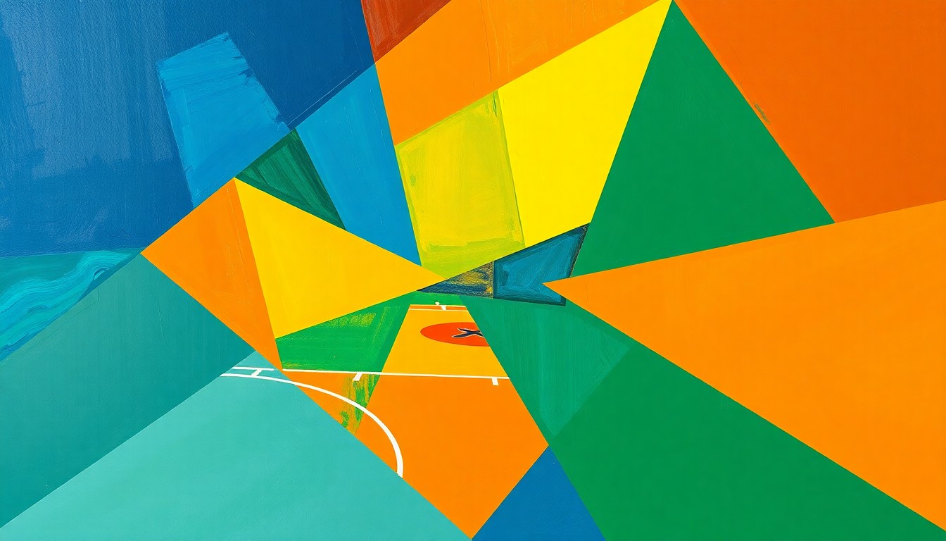 A cubist-style painting depicting a basketball game broken down into sharp, overlapping geometric shapes in vibrant colors, capturing the dynamic energy and strategic complexity of the sport.
