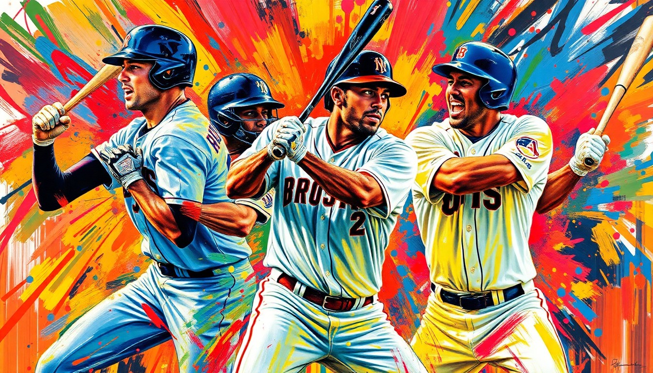 An abstract, energetic painting in neon colors depicting the dynamic motion and power of baseball players swinging bats, with their faces and uniforms blurred into vibrant brushstrokes.