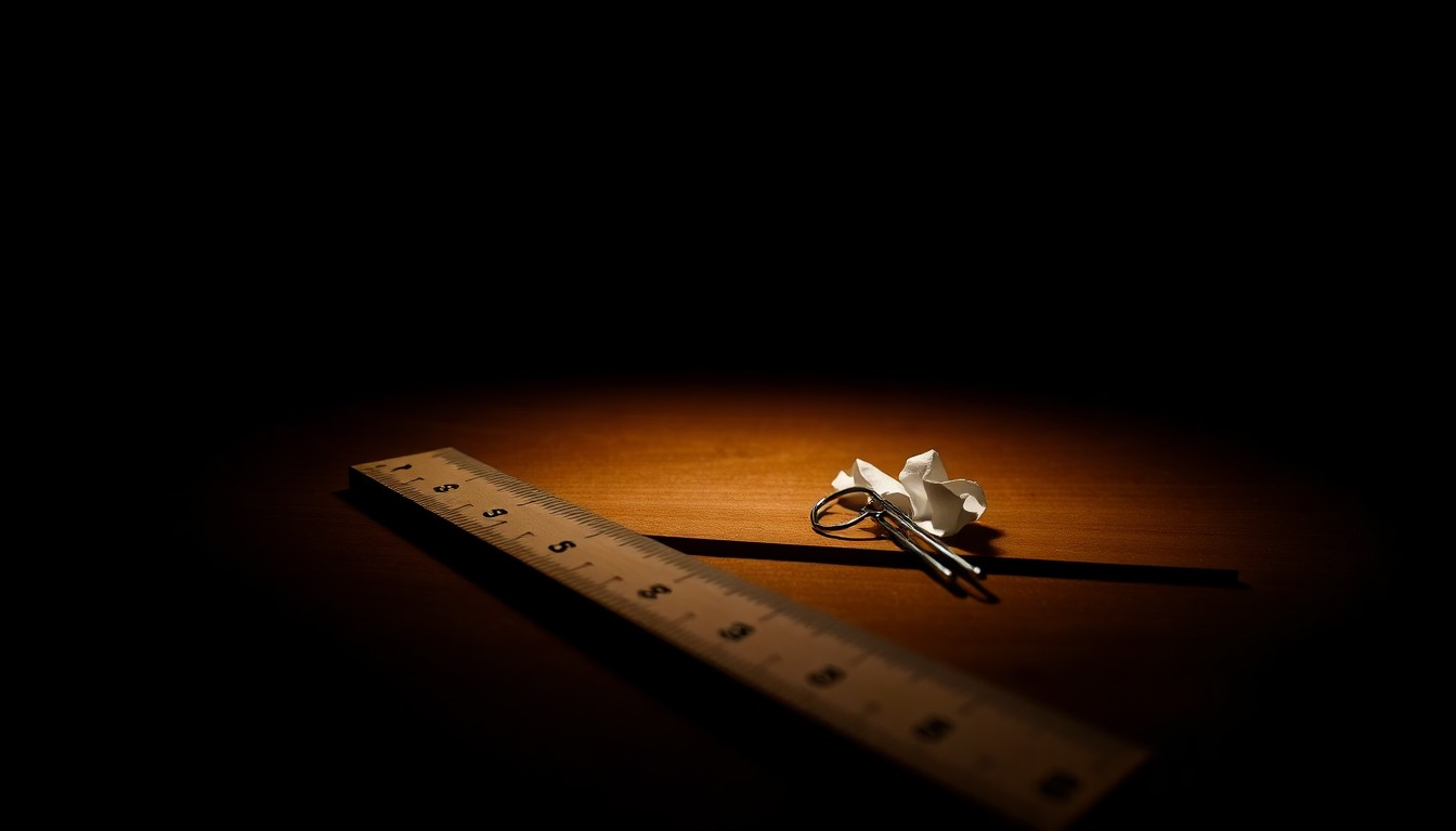 An extreme close-up photograph of a broken wooden ruler and a crumpled paper clip on a teacher's desk, lit by a harsh, direct camera flash against a pitch-black background, conceptually representing the allegations of abuse against a local educator.