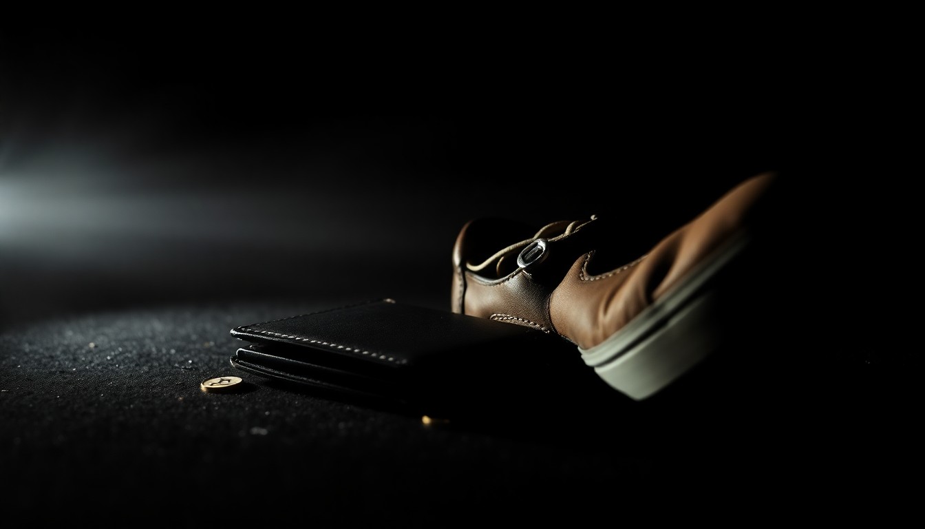 An extreme close-up photograph of a worn, tattered wallet lying on a dark surface, capturing the gritty, investigative mood of the missing person case.