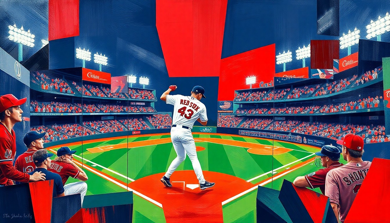 A cubist, geometric painting depicting a baseball game or match, with sharp, overlapping planes of vibrant red, navy blue, and white colors representing the Boston Red Sox uniform.