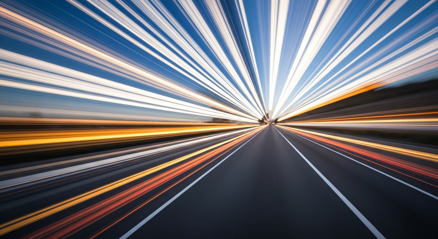 An abstract, blurred image of a vehicle speeding down a highway, conveying a sense of modern engineering, travel, and the need for caution on the roads.