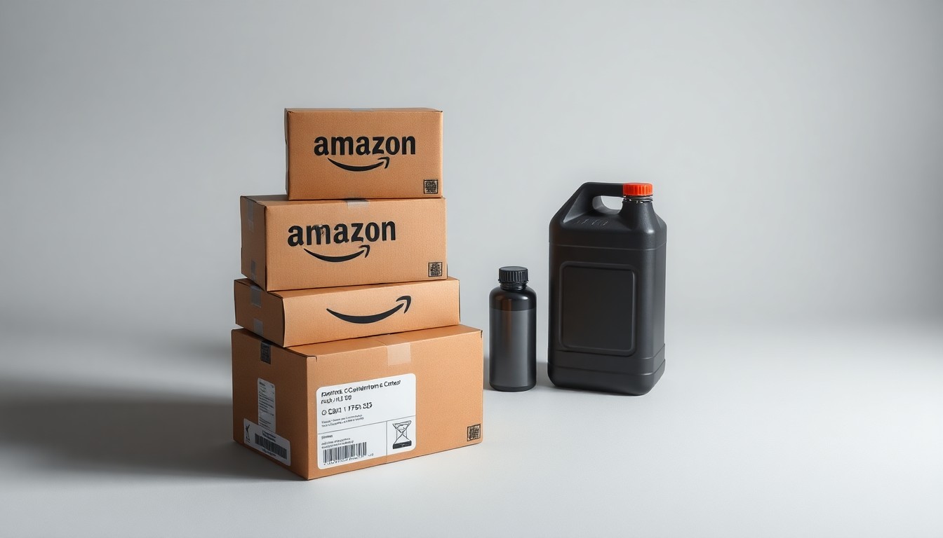 A minimalist studio still life photograph featuring a stack of Amazon shipping boxes, a fuel canister, and a shipping label, all arranged elegantly on a clean, monochromatic background with dramatic lighting and shadows, conceptually representing the abstract corporate strategy and logistics challenges facing Amazon and its sellers.