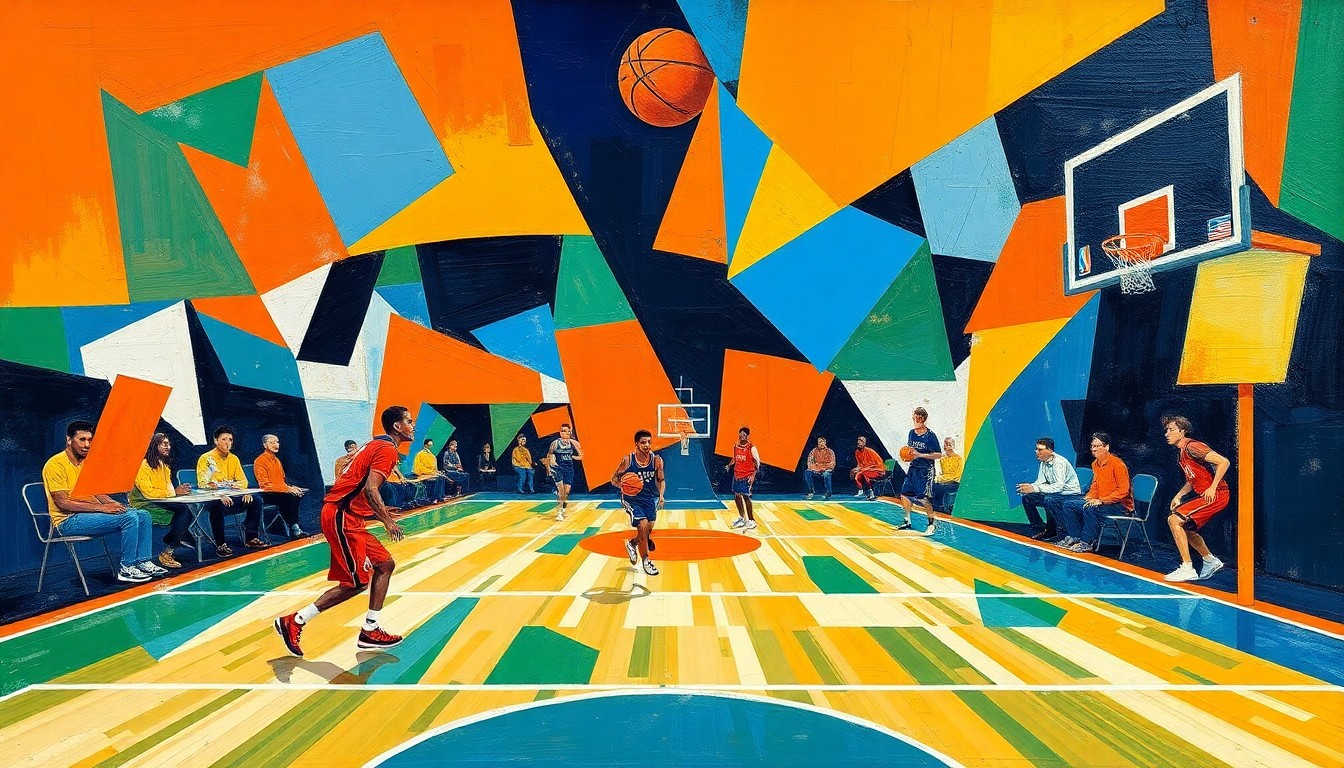 A cubist-style painting depicting a basketball game, with the players and court broken down into overlapping geometric shapes and planes of vibrant colors, conveying the dynamic energy of the sport.