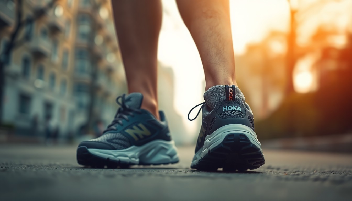 An extreme close-up of a pair of Hoka Mach 7 sneakers in soft focus, with blurred lifestyle elements in the background, conveying a sense of movement and everyday use.