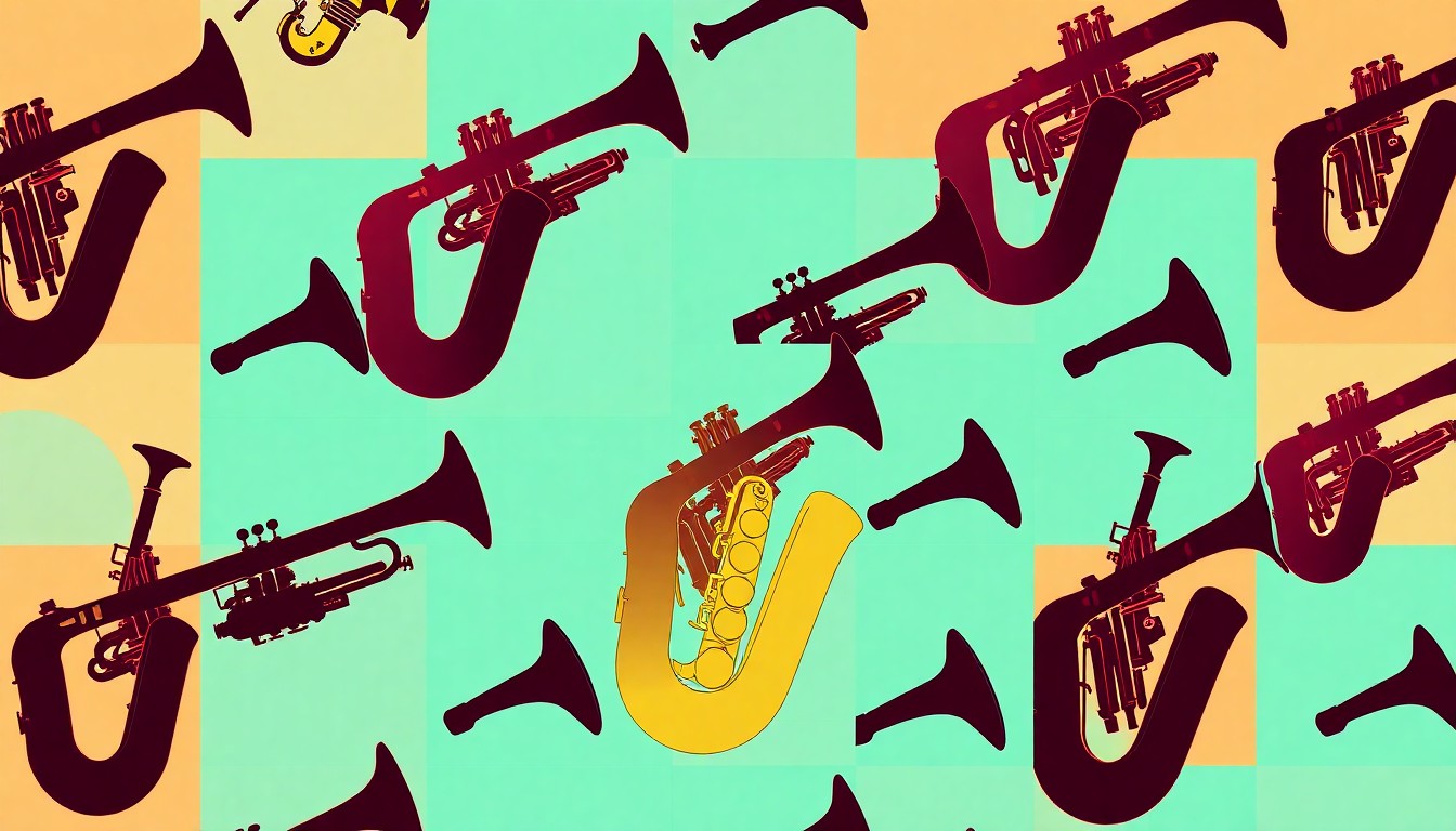 A brightly colored, high-contrast silkscreen print of a saxophone repeated in a tight grid pattern, representing the performing arts and the lasting impact of an inspirational teacher.
