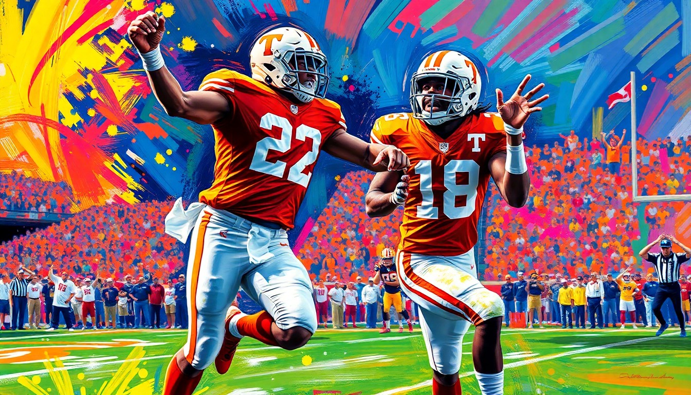 An abstract, energetic painting featuring bold, neon-colored brushstrokes that capture the raw emotion and athletic movement of a Tennessee football player in action, conceptually representing the passion and pride Colton Hood feels for the Volunteer program.