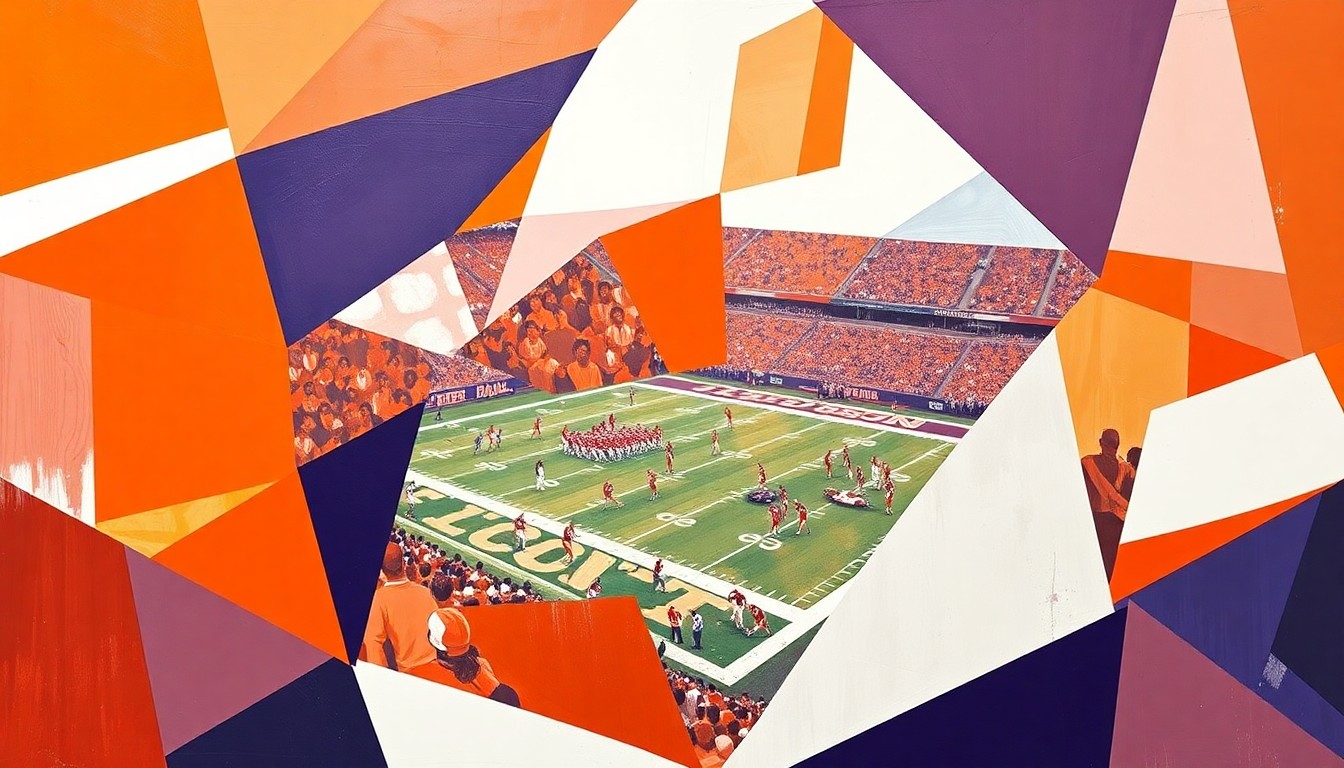 A fractured, multi-perspective painting in vibrant shades of orange, purple, and white, depicting a Clemson football game or practice broken down into sharp, overlapping geometric shapes and planes, capturing the raw energy and movement of the sport.