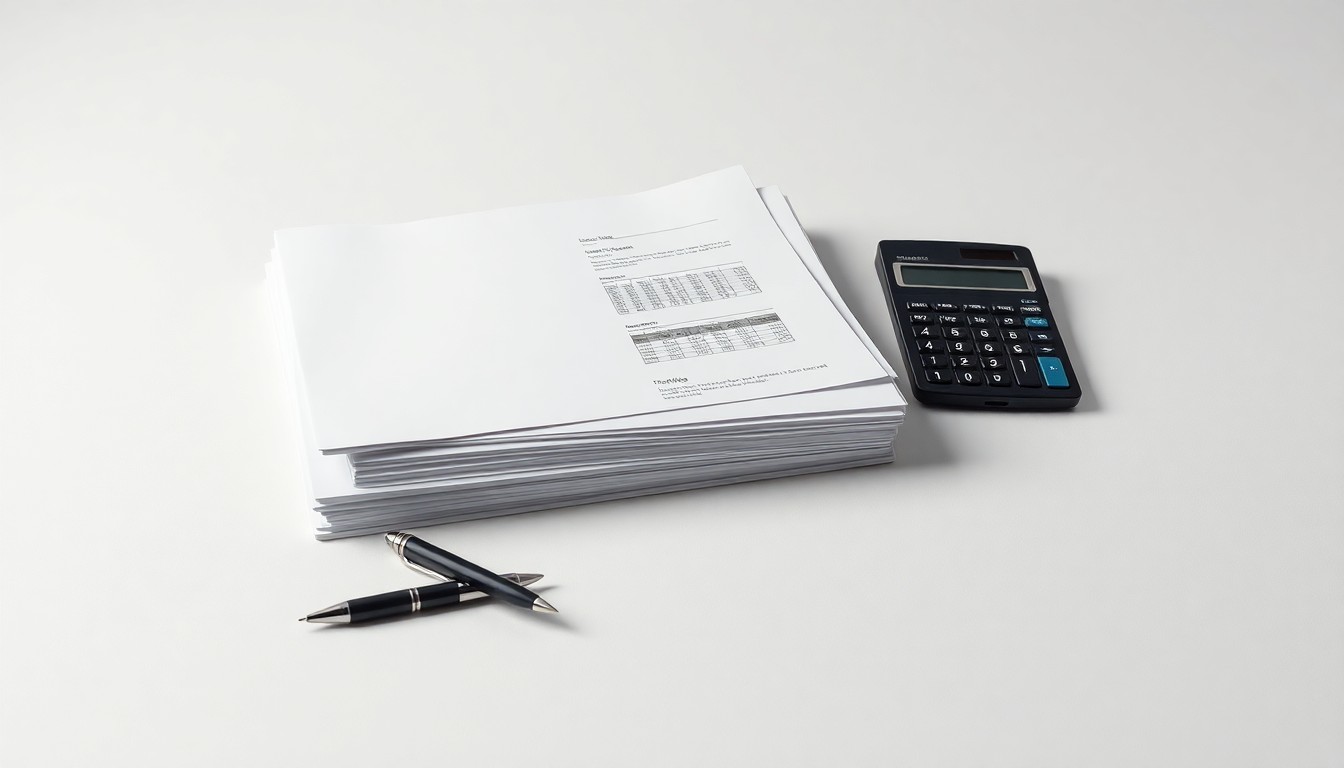 A high-end, photorealistic studio still-life photograph featuring a stack of financial reports, a pen, and a calculator arranged elegantly on a clean, monochromatic seamless background, conceptually representing the abstract corporate strategy and finance challenges facing the company.