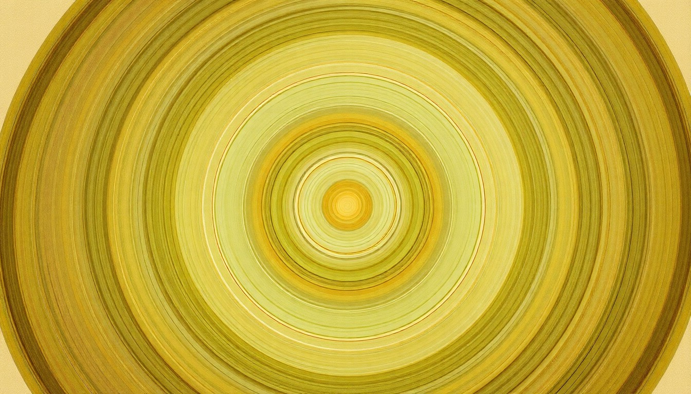 A highly structured abstract painting in soft earth tones, featuring sweeping geometric arcs, concentric circular patterns, and precise botanical spirals, conceptually representing the complex biological forces behind the invasive nature of the Bradford Pear tree.