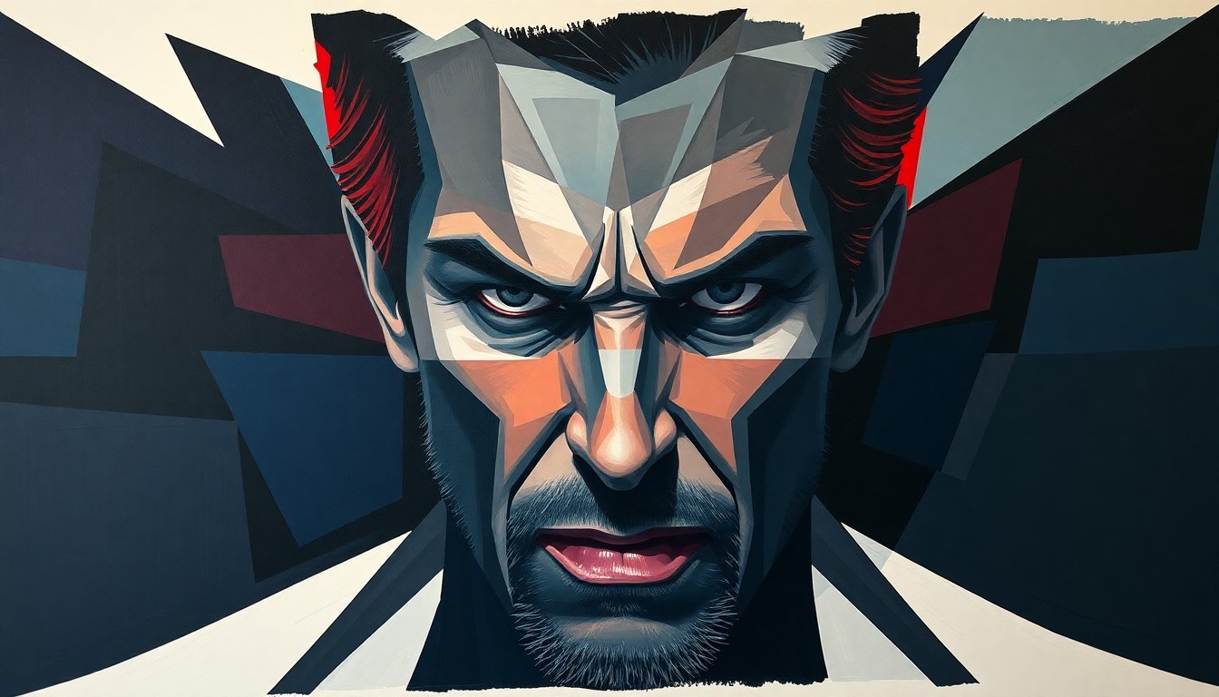 A fractured, geometric painting of a man's face in overlapping waves of dark blue, grey, and red, conveying a sense of aggression and masculine energy.