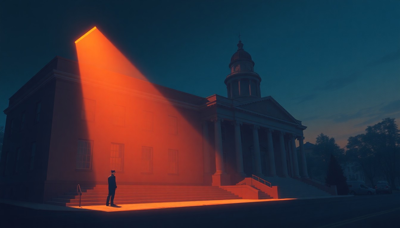 A photorealistic painting of the Maine State House building, with warm sunlight casting long shadows across the steps and a lone figure standing in the foreground, conveying a sense of quiet contemplation and the weight of political decisions.