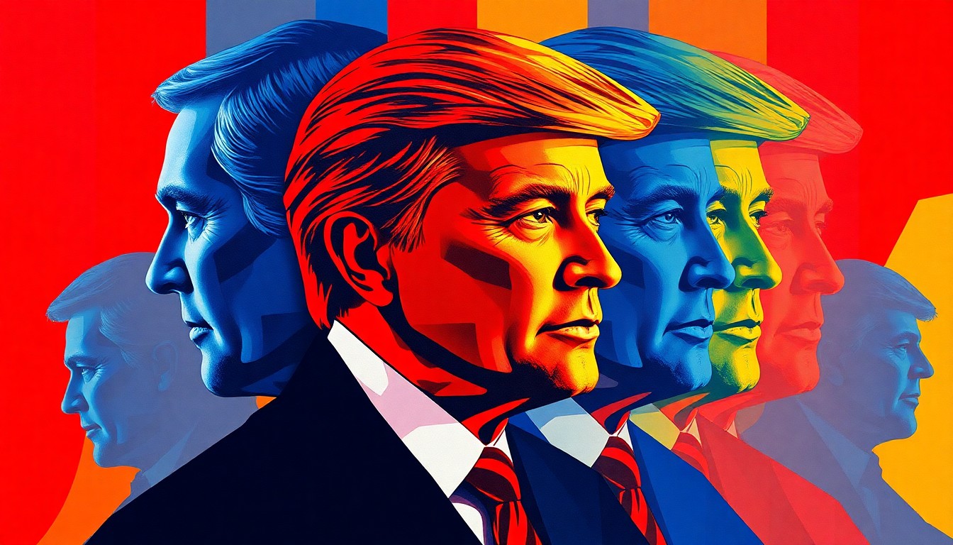 A fractured, abstract painting featuring the silhouette of a politician repeated in overlapping geometric shapes in bold, contrasting colors, conceptually representing the unpredictable nature of a celebrity candidate's political campaign.