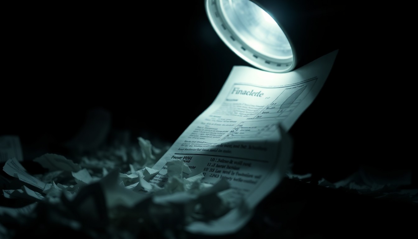 An extreme close-up photograph of a shredded financial document, such as a bank statement or investment prospectus, lit by a harsh, direct camera flash against a pitch-black background, conveying a stark, gritty, and investigative aesthetic without depicting any violence or victims.