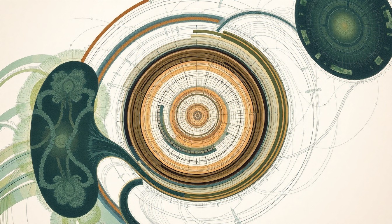 An abstract, highly structured painting in soft, earthy tones of green, blue, and brown, featuring sweeping geometric arcs, concentric circles, and precise botanical spirals, conceptually representing the complex neural pathways and brain activity involved in a quadriplegic musician's use of brain-computer interface technology to create music.