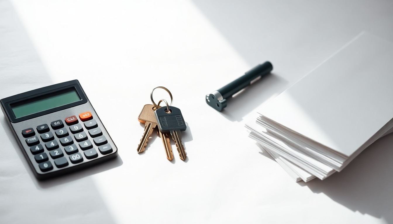 A minimalist studio still life photograph featuring a set of house keys, a calculator, and real estate documents arranged on a clean white background, conceptually representing the work of a real estate professional focused on affordable housing.