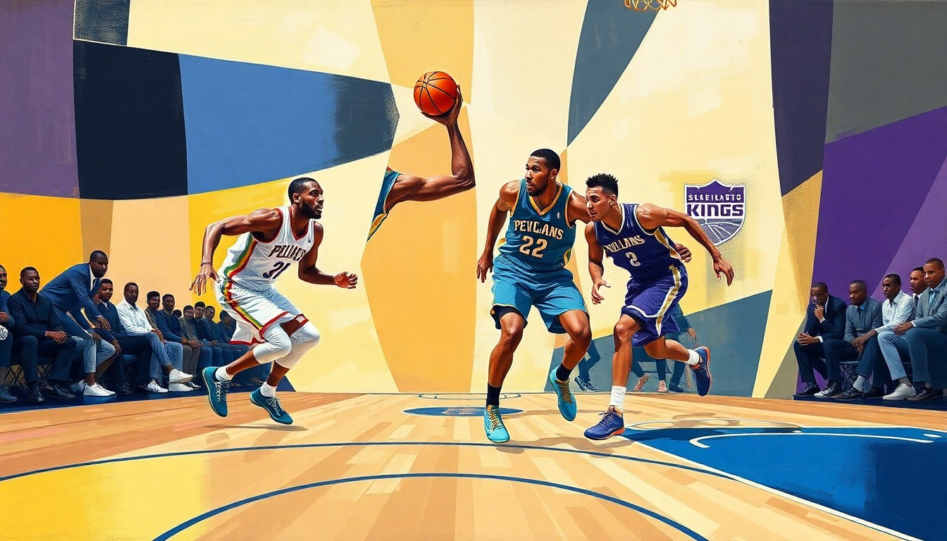 A fragmented, geometric painting depicting the dynamic movement and energy of a fast-break basketball play, with the players' forms broken down into angular, overlapping shapes and the ball and court lines creating a sense of motion and chaos.