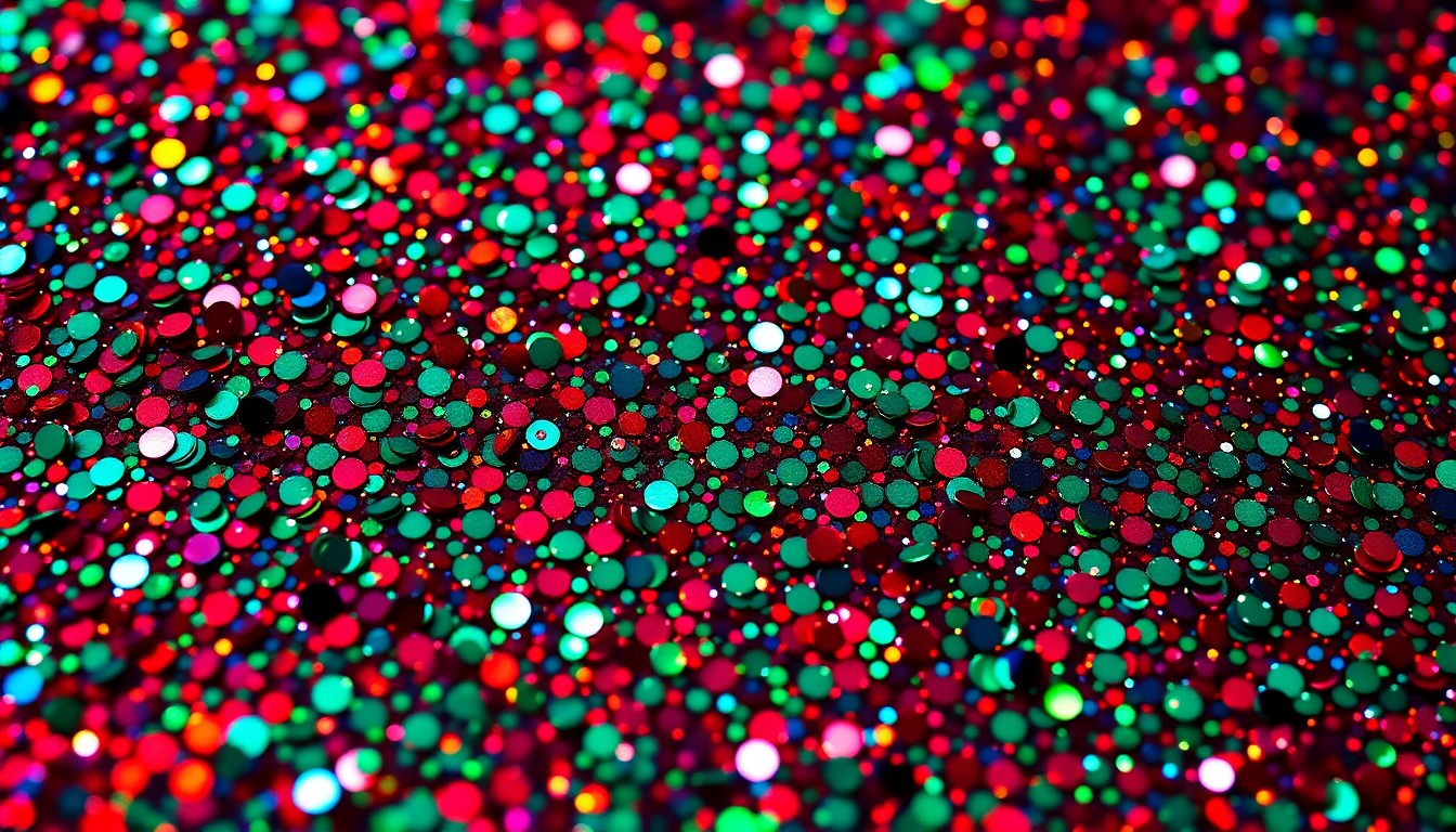 An abstract close-up image of shimmering, glittering sequins in a kaleidoscope of vibrant colors, conceptually representing the immersive, participatory nature of the Gelitin art collective's exhibition.