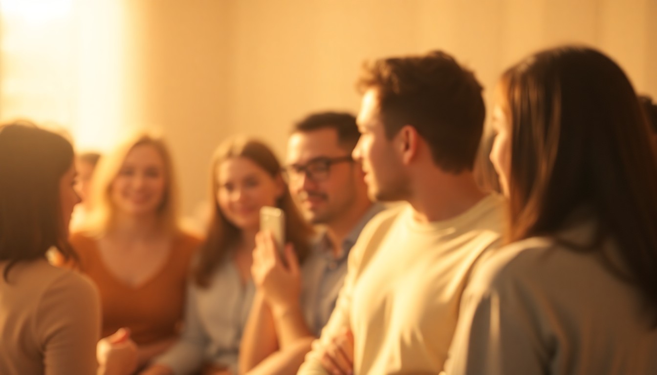 An abstract, out-of-focus photograph in soft, warm tones depicting a group of people engaged in conversation, conveying the concept of human connection and belonging.