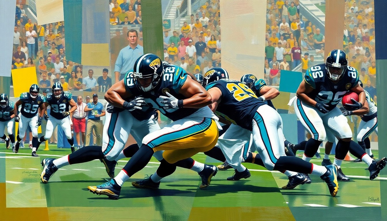 A cubist, geometric painting depicting a Jaguars defensive play with overlapping planes and shapes, conveying the disruption caused by the loss of a key defensive playmaker.