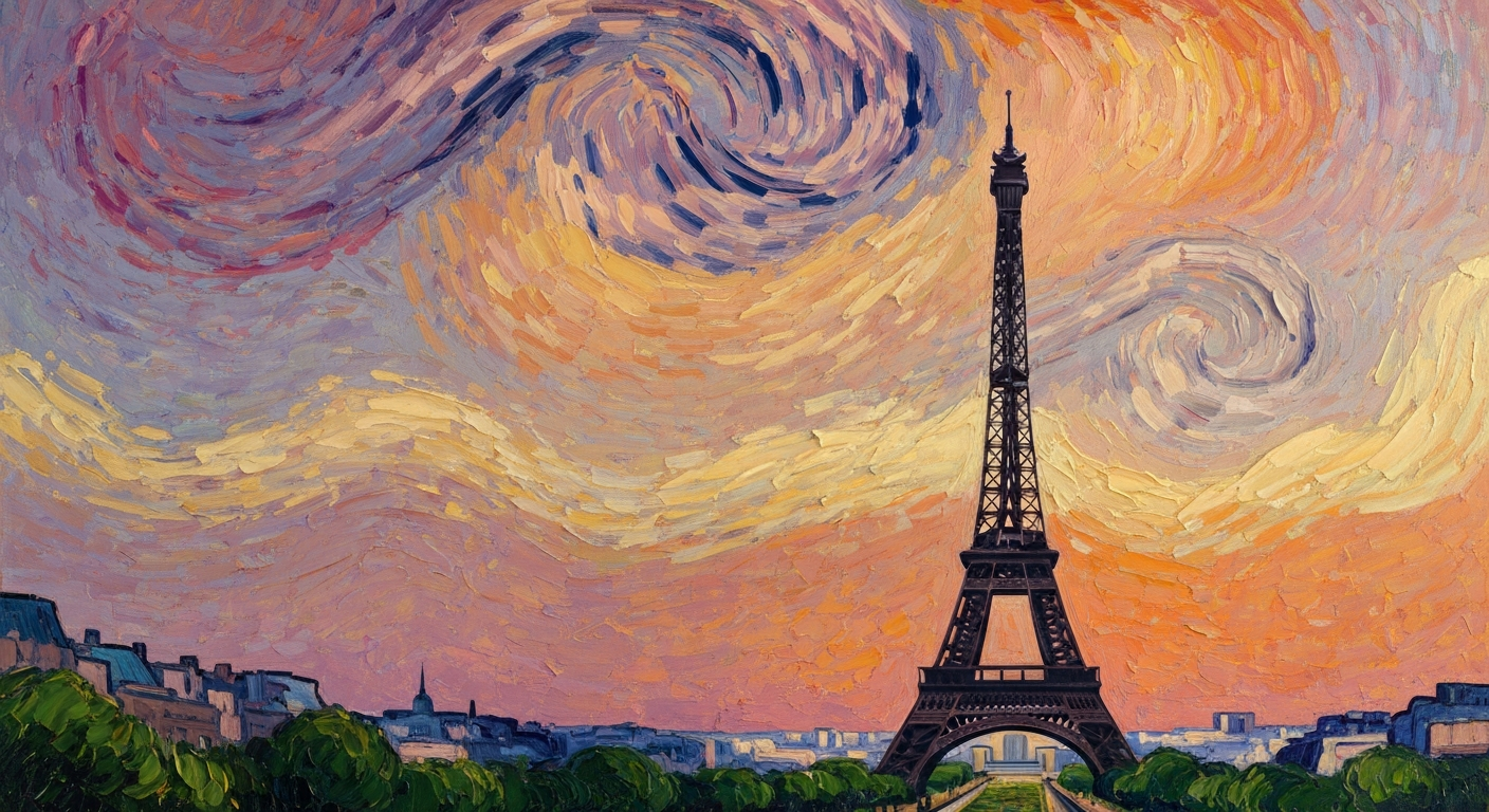A heavily textured oil painting in the style of Vincent Van Gogh, depicting the Eiffel Tower silhouetted against a vibrant, swirling sky, capturing the energy and romance of the Parisian landscape.