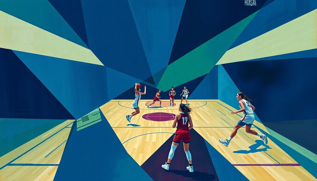 A cubist, geometric painting depicting the abstracted forms of women's basketball players in motion, with sharp, overlapping shapes in a palette of deep blues, greens, and purples.