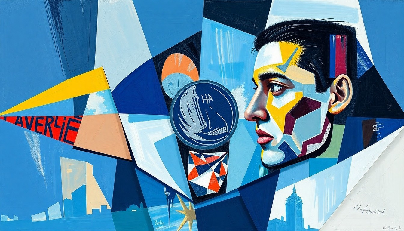 A fragmented, abstract painting depicting the Mavericks' Luka Doncic trade, with sharp, angular shapes and planes of color representing the complex and controversial nature of the deal.