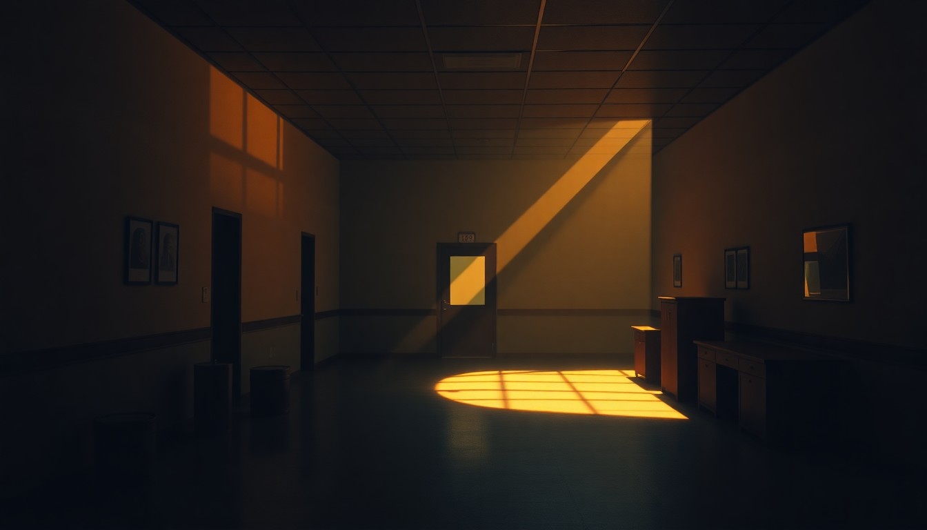 A cinematic painting of an empty, dimly lit government office space with warm, diagonal sunlight and deep shadows, conceptually representing the damage done to the Department of Justice during Pam Bondi's tenure as Attorney General.